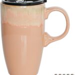 Ceramic Travel Coffee Mug with Handle and Lid, 18 oz, Portable Coffee Cup for Car Cup Holder, Microwave and Dishwasher Safe, Reactive Glaze (Light Orange)