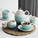 Porcelain Tea Sets, 8 OZ Cups & Saucer Service for 4, Teapot Sugar Bowl Cream Pitcher Teaspoons and Tea Strainer for Adult Tea Coffee Afternoon Party(Blue) - Image 2