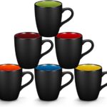 6 Pack Porcelain Coffee Mugs Set, 12 Ounces Ceramic Coffee Mugs, Matte Black Coffee Mug, Restaurant Cups for Coffee, Tea, Cappuccino, Cocoa, Cereal, Black outside and Colorful inside