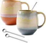 16oz Ceramic Coffee Mugs for Men/Women - Set of 2 with Spoons, Great for Soup, Cocoa, Office, Home, Engagement Gifts