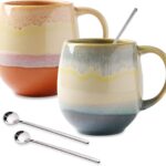 16oz Ceramic Coffee Mugs for Men/Women - Set of 2 with Spoons, Great for Soup, Cocoa, Office, Home, Engagement Gifts