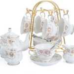 Tea Set 22-Piece Porcelain Ceramic Coffee Tea Gift Sets Cups Saucer Service for 6 Teapot Sugar Bowl Creamer Pitcher and Teaspoons (Chrysanthemum)
