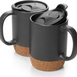 Coffee Mugs, 15 oz Mug Set of 2, Large Ceramic Coffee Mug with Cork Bottom and Spill Proof Lid for Mom Dad, Big Mug for Latte Tea, Matte Grey