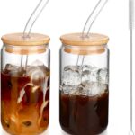 Iced Coffee Cups with Lids 2 pcs,16 oz Glass Cups with Lids and Straws as Coffee Bar Accessories,Beer Drinking Glasses,Reusable Glass Tumbler,Cute Coffee Cups for Coffee, Juice, Gifts