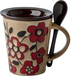 12oz/350ml Ceramic Coffee Mug with Lid and Spoon,Hand Painted Vintage Floral Cute Espresso Cups,Tea Cup for Office and Home,Great for Tea, Latte, Cappuccino,Microwave and Dishwasher Safe
