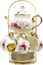 20-Pieces Porcelain ,Gold Rim Coffee Set with Golden Metal Rack,Tea Gift Sets for Home&Party - Image 2