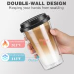 2 Packs Double Walled Glass Coffee Mugs with Silicone Lids, 12 OZ Reusable Glass Coffee Cups, Insulated Coffee Mugs, Cappuccino,Tea,Latte,Iced Coffee Cups, Glass Travel Mug, Heat Resistant - Image 2