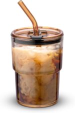 13oz/400ml Tumbler Water Glass, Cups with Straw and Lid Sealed Carry on for Coffee, Iced Tea, Thick Wall Insulated Glass Cup (Amber)…