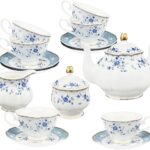 21 Piece Floral Porcelain Tea Set, British Tea Cup and Saucer Set for 6, Tea Party Set for Women, Blue Roses