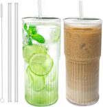 Glass Cups with Lids and Glass Straws, High Borosilicate 20OZ Tumblers (2Pcs) for Coffee, Tea, Juice, Smoothies, Hot/Cold Drinks at Home, Office