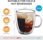 Double Wall Coffee Mugs, (4-Pcak) 16 Ounces-Clear Glass with Handle,lnsulated,Cappuccino,Tea,LatteCups,Beverage Glasses Heat Resistant - Image 2
