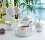 Tea Set 22-Piece Porcelain Ceramic Coffee Tea Gift Sets Cups Saucer Service for 6 Teapot Sugar Bowl Creamer Pitcher and Teaspoons (Chrysanthemum) - Image 2