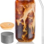 Drinking Glass, 16oz Can Shaped Glasses Cups, Iced Coffee Glasses, Beer Tumbler, for Whiskey, Soda, Tea, Juice, Gift, with Lid, Straw and Sleeve, 1 Pc