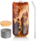 Drinking Glass, 16oz Can Shaped Glasses Cups, Iced Coffee Glasses, Beer Tumbler, for Whiskey, Soda, Tea, Juice, Gift, with Lid, Straw and Sleeve, 1 Pc