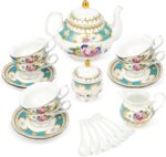 21 Piece  Porcelain Tea Set, Teal Cups and Saucers Service for 6, Blue Tea Gift Set for Adults