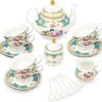 21 Piece  Porcelain Tea Set, Teal Cups and Saucers Service for 6, Blue Tea Gift Set for Adults