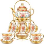 20 Pieces Porcelain Tea Set for Adults with Metal Holder  Ceramic Tea Set Cup Saucer Gold Plated Ceramic Tea Set Vintage Flower Tea Party Set for Women, Serving 6 People (Classic)