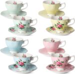 Floral Tea Cups and Saucers, Set of 8 (8 oz), Gold Trim and Gift Box, Coffee Cups, Floral Tea Cup Set, British Tea Cups, Porcelain Tea Set, Tea Sets for Women, Latte Cups, Mother's Day Gift