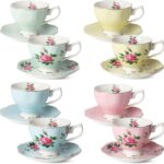 Floral Tea Cups and Saucers, Set of 8 (8 oz), Gold Trim and Gift Box, Coffee Cups, Floral Tea Cup Set, British Tea Cups, Porcelain Tea Set, Tea Sets for Women, Latte Cups, Mother's Day Gift
