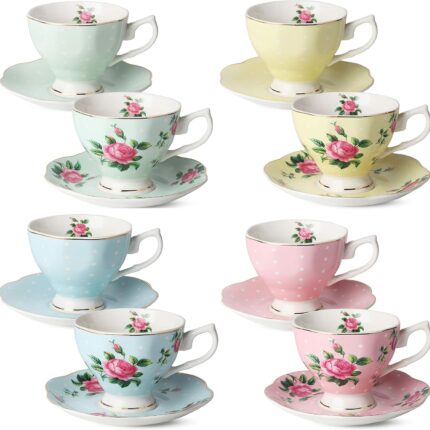 Floral Tea Cups and Saucers, Set of 8 (8 oz), Gold Trim and Gift Box, Coffee Cups, Floral Tea Cup Set, British Tea Cups, Porcelain Tea Set, Tea Sets for Women, Latte Cups, Mother's Day Gift