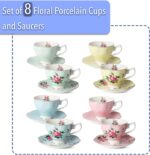 Floral Tea Cups and Saucers, Set of 8 (8 oz), Gold Trim and Gift Box, Coffee Cups, Floral Tea Cup Set, British Tea Cups, Porcelain Tea Set, Tea Sets for Women, Latte Cups, Mother's Day Gift - Image 2