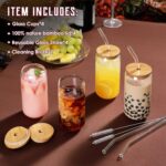 Drinking Glasses with Bamboo Lids and Glass Straw 4pcs Set - 16oz Glass Cups, Iced Coffee Glasses, Cute iced Tea Glasses, Beer Glasses, Ideal for Coffee Bar Accessories, Aesthetic Gift - 2 Brushes - Image 2