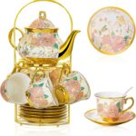 20 Pieces  Ceramic Tea Set for Adults With Metal Holder and Flower Painting (Large Cream Version)