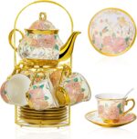 20 Pieces  Ceramic Tea Set for Adults With Metal Holder and Flower Painting (Large Cream Version)